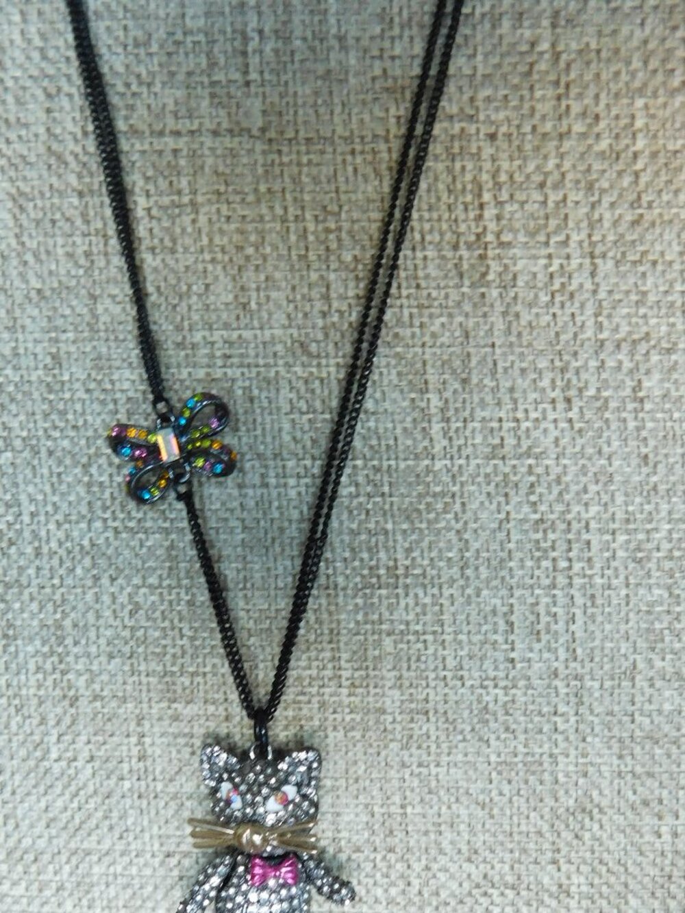 Betsey Johnson All Hallows Articulated Black Kitty Cat Rhinestones Bow Necklace - Picture 3 of 8